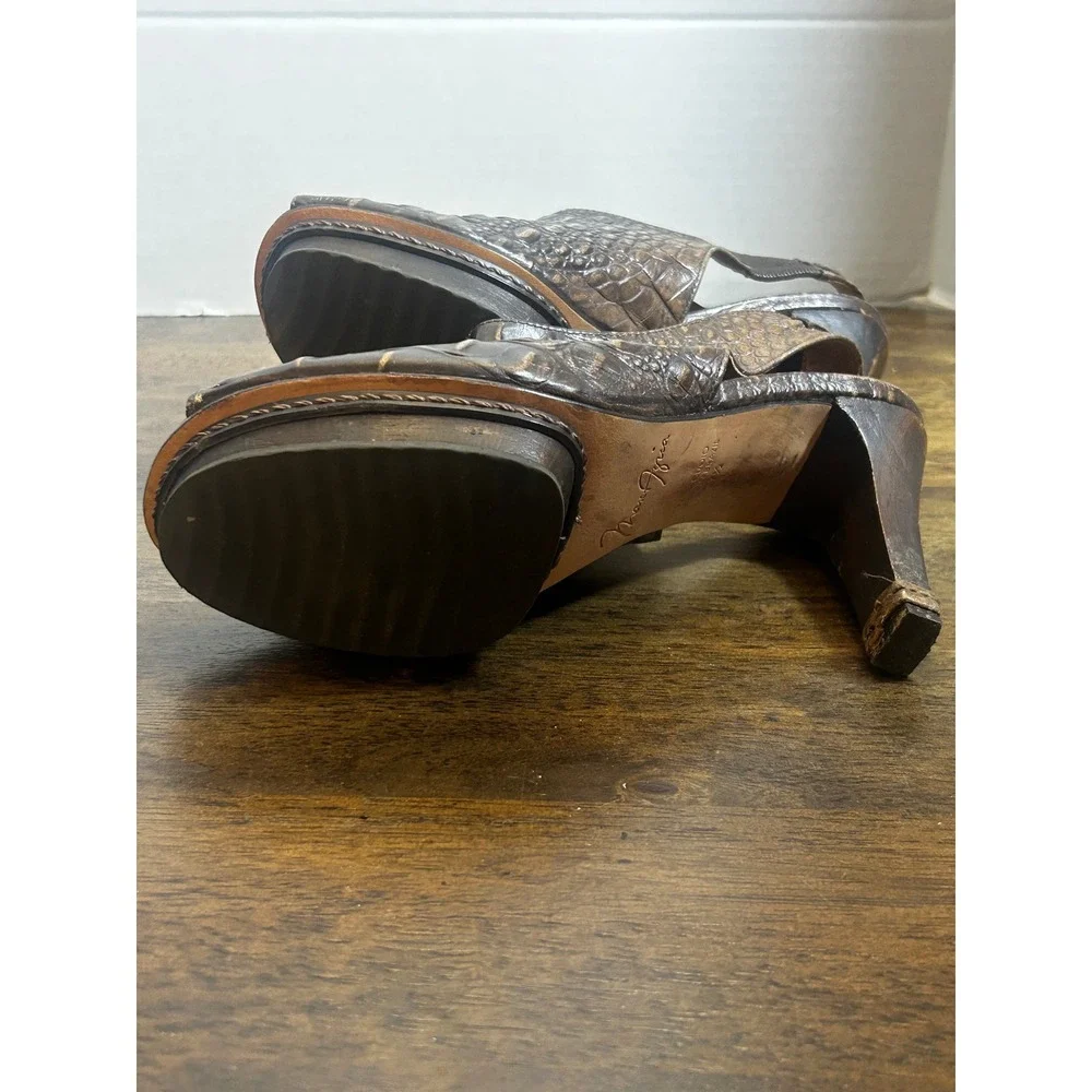 Max Azria Brown Croc Embossed Leather Platform Slingback Peep Toe Heels Size 7.5